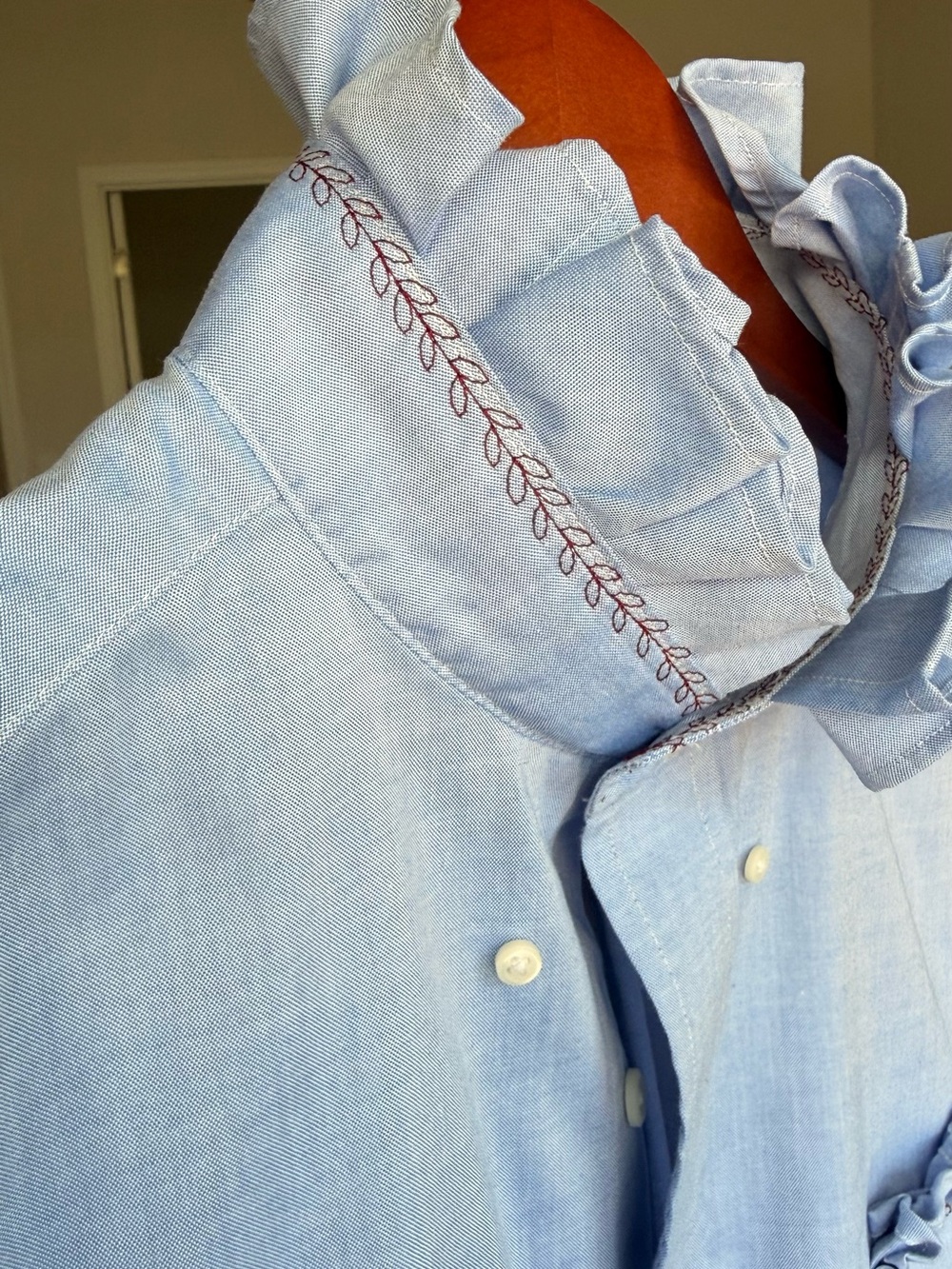 Lauren Ralph Lauren Chambray Blouse Upcycled Ruffle Blouse Embroidered M - Picture 3 of 13